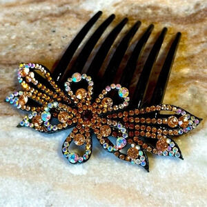 Topaz, Peach & AB Ombre Floral Crystal Rhinestone Hair Comb Large Size